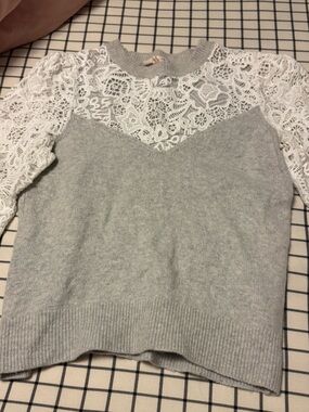 Rebecca Taylor Grey Knit Sweater with White Lace Overlay